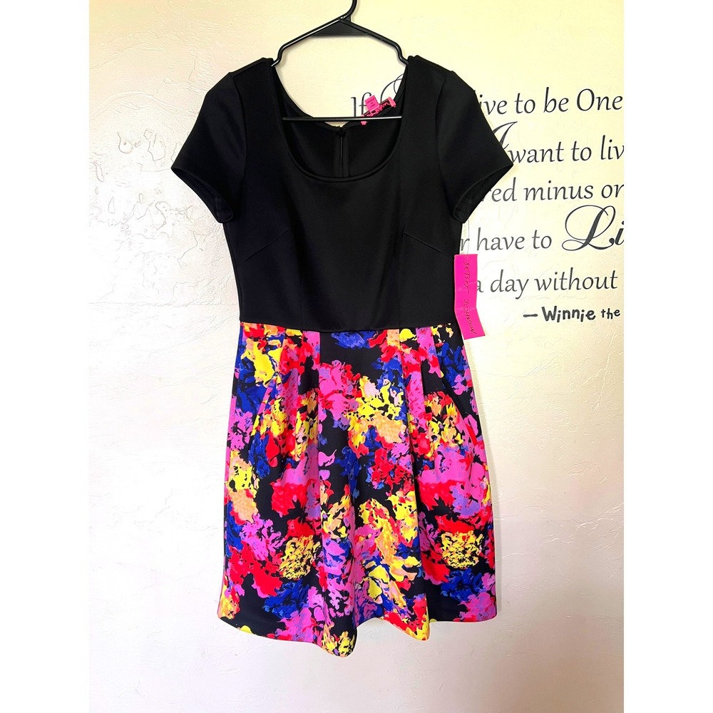 Betsey Johnson Black Multi Abstract Floral Fit Flare Dress Pockets Dopamine Bold